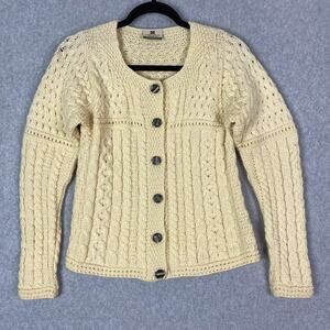 Carraig Donn Beige 100% Merino Wool Cable Knit Cardigan Sweater Size Small